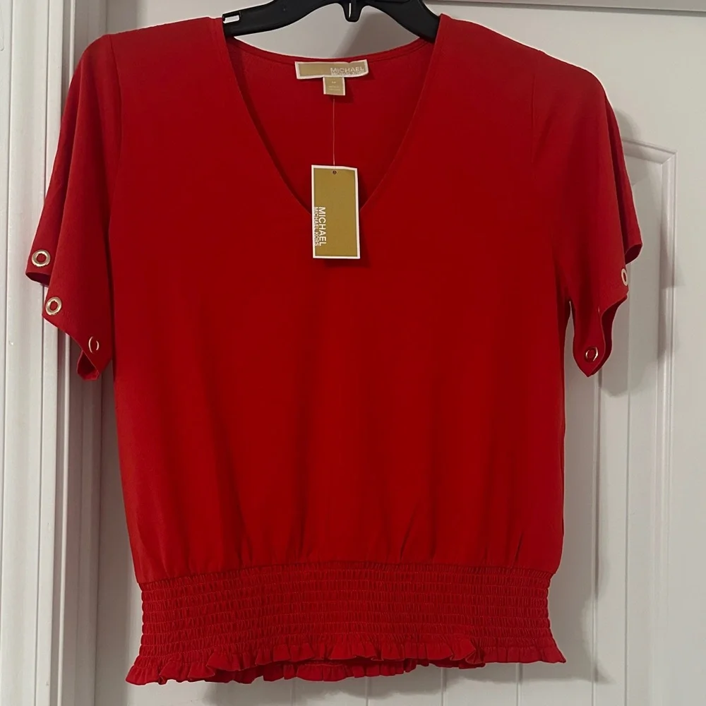 Michael Kors Vivid Red Blouse with Grommet Sleeves NWT Size M - Picture 1 of 4